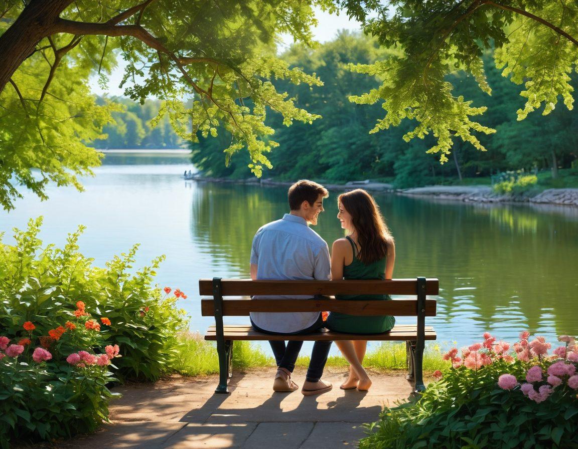 A warm, inviting scene of two people sitting on a park bench, sharing a genuine laugh, surrounded by blooming flowers symbolizing love and connection. Soft sunlight filters through green leaves, casting gentle shadows around them, representing mindfulness and intimacy in relationships. The background features a serene lake, enhancing the theme of tranquility and lasting love. super-realistic. vibrant colors. warm tones.