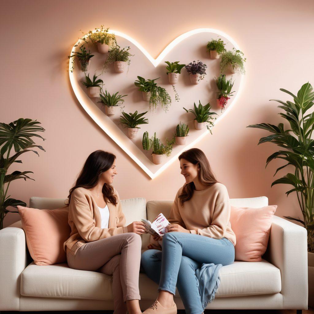 A warm, inviting scene of two people sitting on a cozy sofa, deeply engaged in conversation, surrounded by soft lighting and personal mementos like photos and plants. In the background, a heart-shaped wall art symbolizes intimacy. A gentle color palette with pastel tones enhances the emotional warmth of the image. super-realistic. vibrant colors. soft lighting.