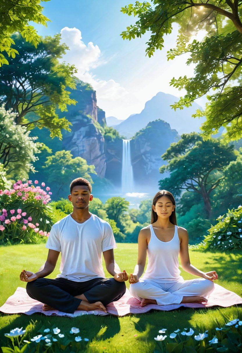 A serene and intimate scene of a couple meditating together in a sunlit park, surrounded by lush greenery and blooming flowers. They are sitting cross-legged, with soft smiles, symbolic elements of love like hearts and lotus flowers in the air. The background features gentle hills and a clear blue sky, conveying tranquility and connection. super-realistic. vibrant colors. peaceful atmosphere.